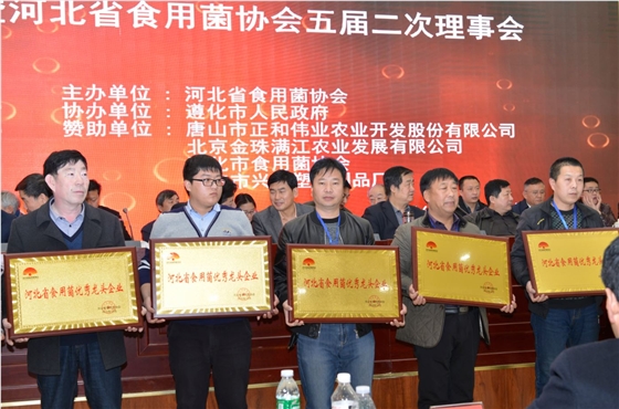 遵化市億昌食用菌科技有限公司被授予&ldquo;河北省食用菌產(chǎn)業(yè)扶貧突出貢獻(xiàn)單位&rdquo;榮譽(yù)，張東平（中）接授牌匾（截屏）.JPG